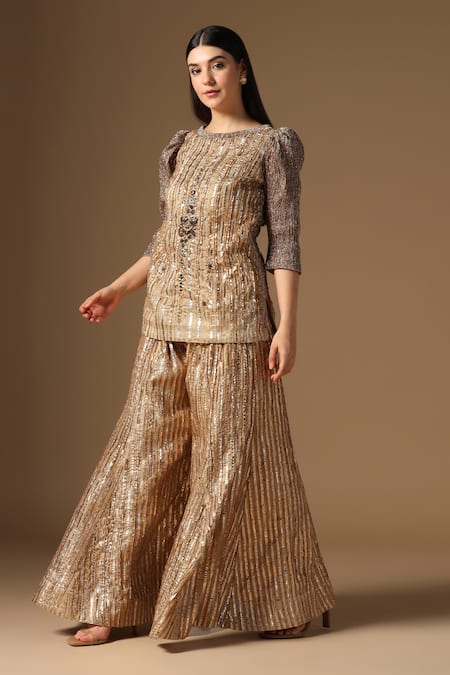 Shop Rina Dhaka Gold Sequins, Embroidery Round Neck Kurta And Gharara Set Online at Aza Fashions Shop_Rina Dhaka_Gold Sequins, Embroidery Round Neck Kurta And Gharara Set _Online_at_Aza_Fashions
