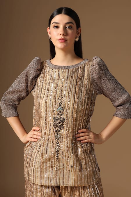 Rina Dhaka Gold Sequins, Embroidery Round Neck Kurta And Gharara Set at Aza Fashions Rina Dhaka_Gold Sequins, Embroidery Round Neck Kurta And Gharara Set _at_Aza_Fashions