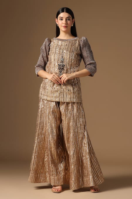 Rina Dhaka Gold Embroidered Kurta & Gharara Set 