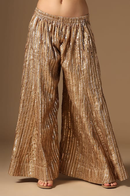 Shop Rina Dhaka Gold Sequins, Embroidery Round Neck Kurta And Gharara Set Shop_Rina Dhaka_Gold Sequins, Embroidery Round Neck Kurta And Gharara Set