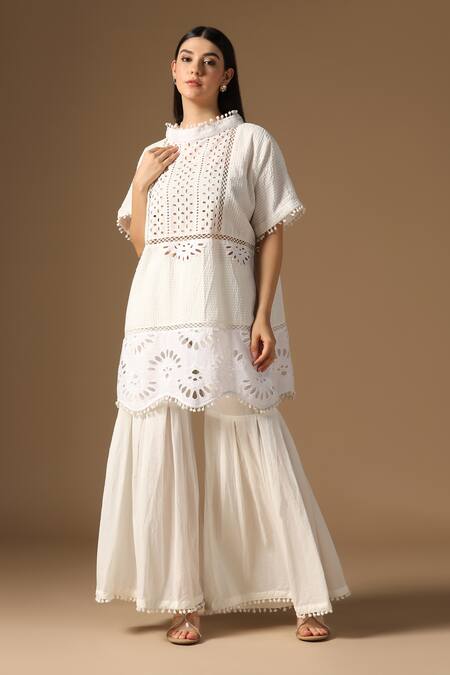 Rina Dhaka_Off White Cotton Embroidery Round Neck Tunic And Sharara Set _Online_at_Aza_Fashions