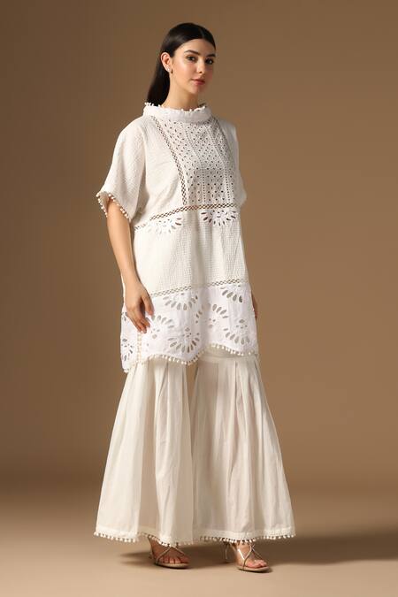 Buy_Rina Dhaka_Off White Cotton Embroidery Round Neck Tunic And Sharara Set _Online_at_Aza_Fashions