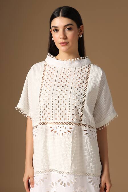 Rina Dhaka_Off White Cotton Embroidery Round Neck Tunic And Sharara Set _at_Aza_Fashions