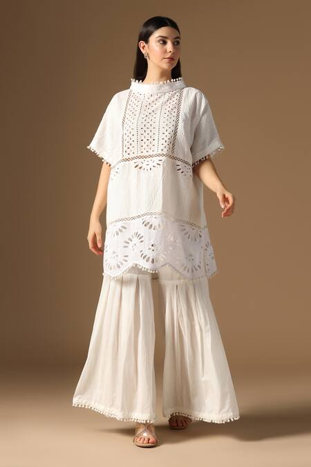 Buy_Rina Dhaka_Off White Cotton Embroidery Round Neck Tunic And Sharara Set 