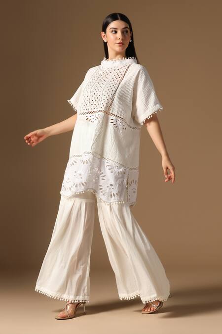 Shop_Rina Dhaka_Off White Cotton Embroidery Round Neck Tunic And Sharara Set 