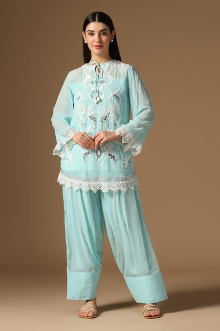 Rina Dhaka Marine Blue Embroidered Kurta & Salwar Set 