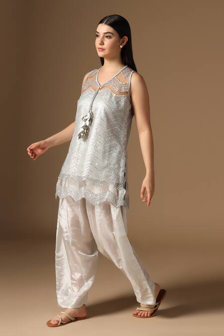 Rina Dhaka_Silver Net Sequins V-neck Embroidered Kurta Set _Online_at_Aza_Fashions
