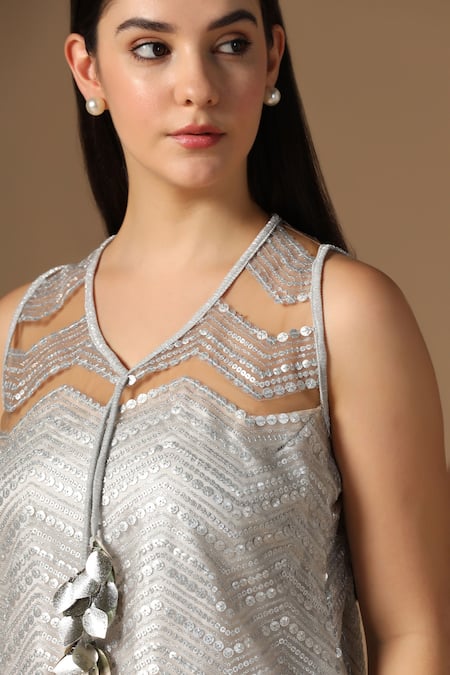 Shop_Rina Dhaka_Silver Net Sequins V-neck Embroidered Kurta Set _Online_at_Aza_Fashions