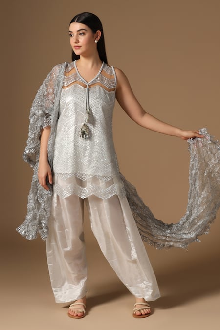 Rina Dhaka Silver Embroidered Kurta Set 