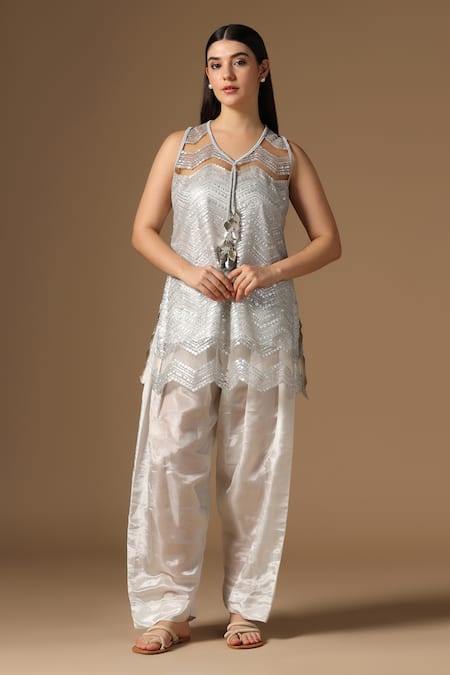 Shop_Rina Dhaka_Silver Net Sequins V-neck Embroidered Kurta Set 