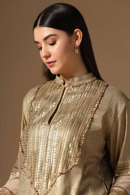 Rina Dhaka_Gold Linen Sequins Mandarin Collar Lame Kurta Sharara Set _Online_at_Aza_Fashions