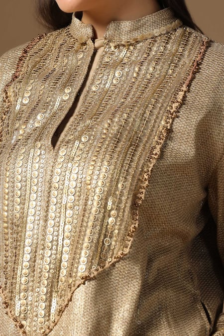 Buy_Rina Dhaka_Gold Linen Sequins Mandarin Collar Lame Kurta Sharara Set _Online_at_Aza_Fashions