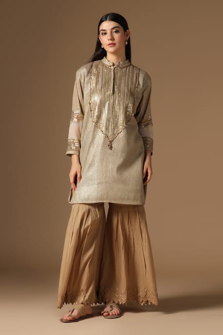 Shop_Rina Dhaka_Gold Linen Sequins Mandarin Collar Lame Kurta Sharara Set _Online_at_Aza_Fashions