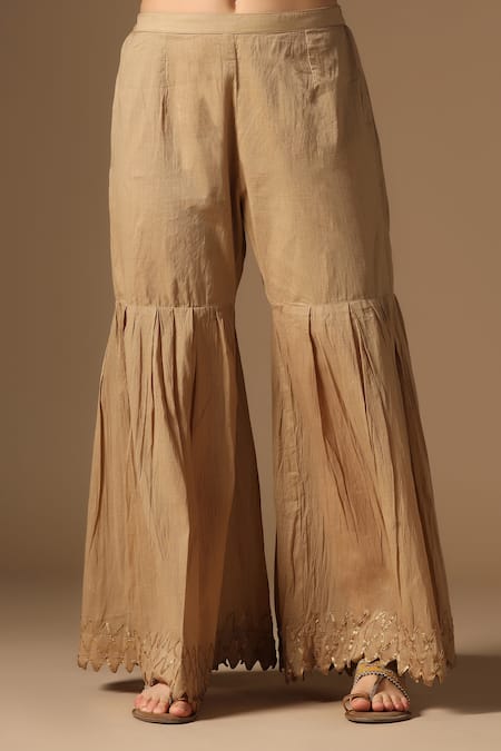 Rina Dhaka_Gold Linen Sequins Mandarin Collar Lame Kurta Sharara Set _at_Aza_Fashions