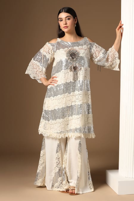Rina Dhaka White Sequins, Round Neck And Silver Tunic Sharara Set 