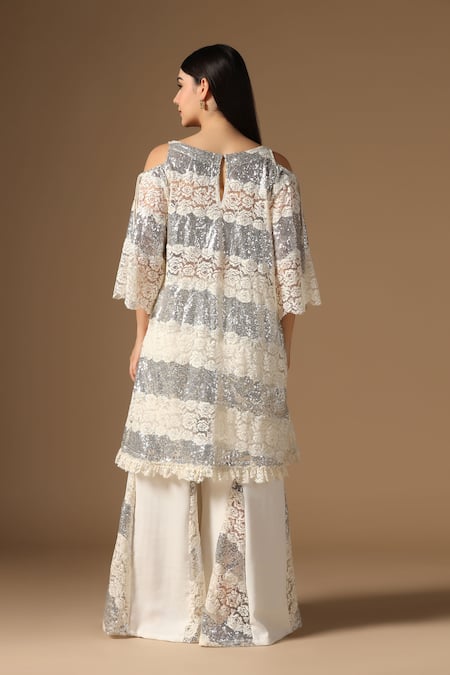 Rina Dhaka White & Silver Sequinned Tunic Sharara Set 