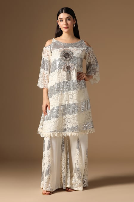 Buy_Rina Dhaka_White Sequins, Round Neck And Silver Tunic Sharara Set _Online_at_Aza_Fashions