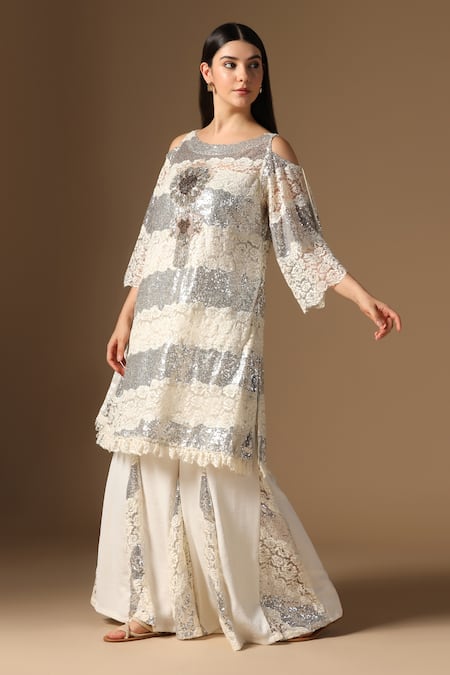 Shop_Rina Dhaka_White Sequins, Round Neck And Silver Tunic Sharara Set _Online_at_Aza_Fashions