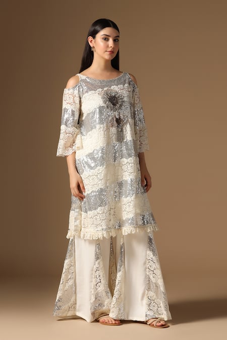 Rina Dhaka_White Sequins, Round Neck And Silver Tunic Sharara Set _at_Aza_Fashions