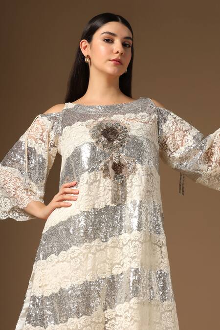 Buy_Rina Dhaka_White Sequins, Round Neck And Silver Tunic Sharara Set 