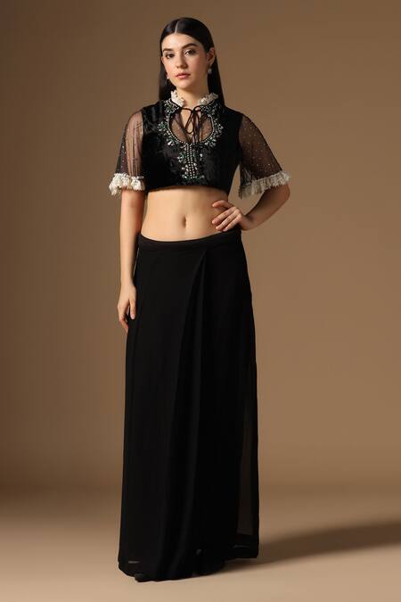 Buy_Rina Dhaka_Black Georgette Beads, Lace Keyhole Neck Skirt Saree Set With Dupatta _Online_at_Aza_Fashions