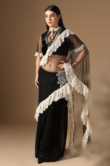 Shop_Rina Dhaka_Black Georgette Beads, Lace Keyhole Neck Skirt Saree Set With Dupatta _Online_at_Aza_Fashions
