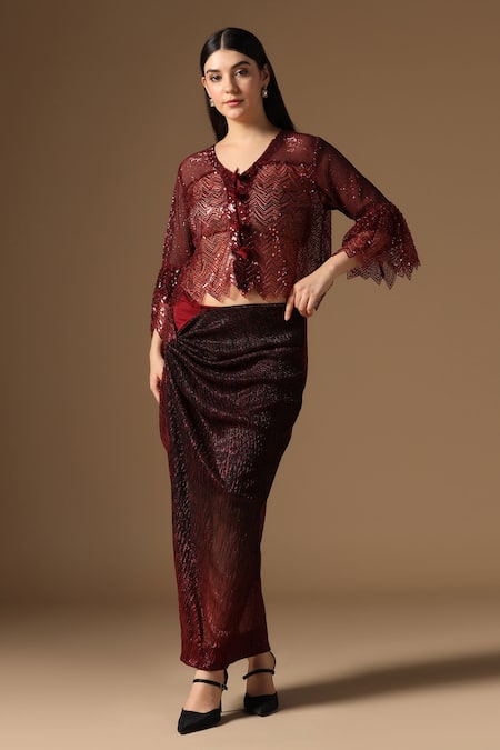 Rina Dhaka Maroon Lurex Sequins Round Neck Skirt And Jacket Set 