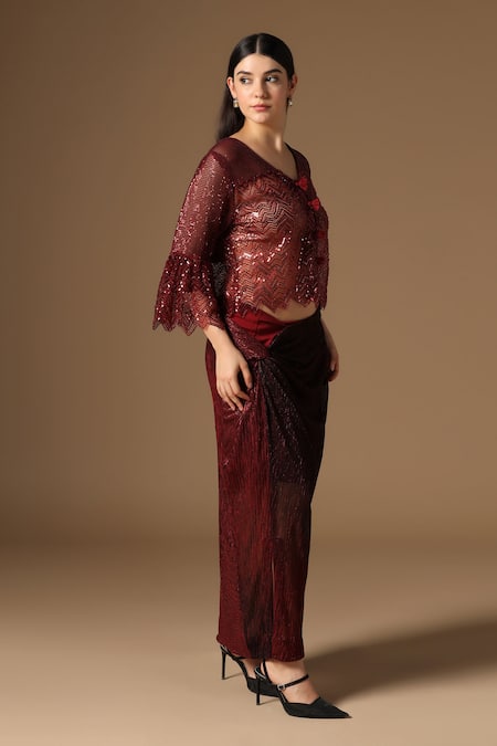 Rina Dhaka_Maroon Lurex Sequins Round Neck Skirt And Jacket Set _Online_at_Aza_Fashions