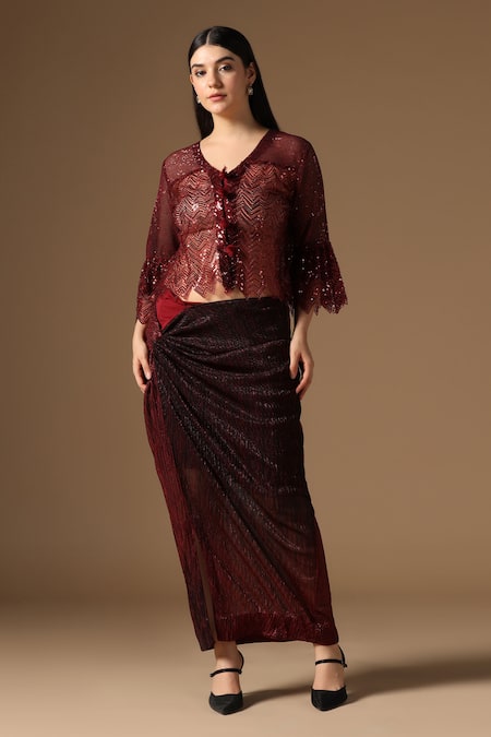 Buy_Rina Dhaka_Maroon Lurex Sequins Round Neck Skirt And Jacket Set _Online_at_Aza_Fashions