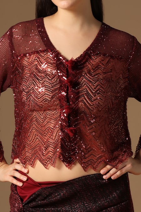 Buy_Rina Dhaka_Maroon Lurex Sequins Round Neck Skirt And Jacket Set 
