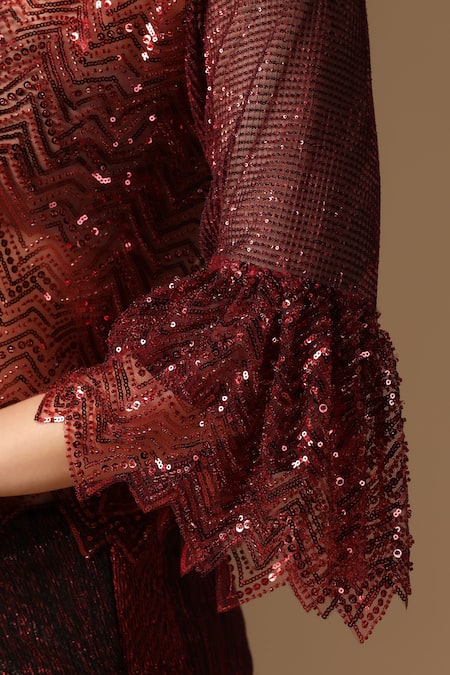 Shop_Rina Dhaka_Maroon Lurex Sequins Round Neck Skirt And Jacket Set 