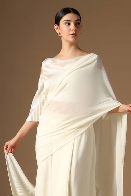 Shop_Rina Dhaka_Cream Georgette Cowl Neck Saree With Blouse _Online_at_Aza_Fashions