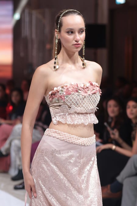 Rina Dhaka Baby Pink Embroidered Top & Skirt Set 