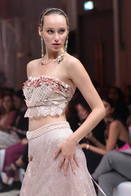 Rina Dhaka_Pink Net Fabric Flowers, Sequins Square Neck Baby Embroidered Top And Skirt Set _Online_at_Aza_Fashions