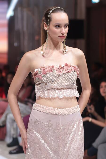 Buy_Rina Dhaka_Pink Net Fabric Flowers, Sequins Square Neck Baby Embroidered Top And Skirt Set _Online_at_Aza_Fashions