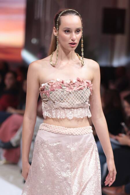 Shop_Rina Dhaka_Pink Net Fabric Flowers, Sequins Square Neck Baby Embroidered Top And Skirt Set _Online_at_Aza_Fashions