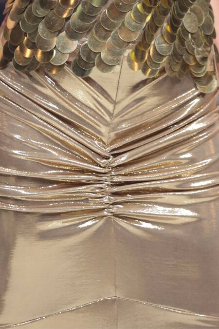 Rina Dhaka_Gold Satin Sequins Ruched Skirt _Online_at_Aza_Fashions