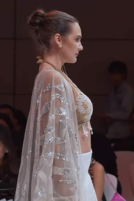 Rina Dhaka_White Georgette, Net Sequins, Embroidery Halter Neck And Gold Lehenga Set _Online_at_Aza_Fashions