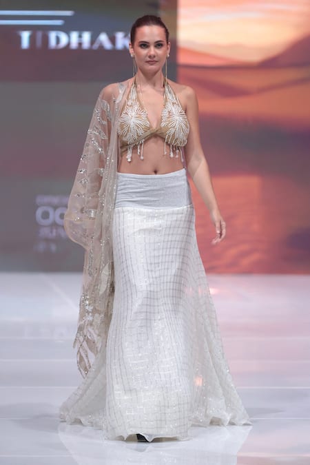 Rina Dhaka White & Gold Embroidered Lehenga Set 