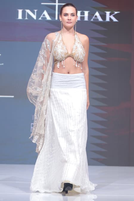 Rina Dhaka White & Gold Embroidered Lehenga Set 