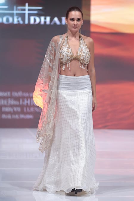 Shop_Rina Dhaka_White Georgette, Net Sequins, Embroidery Halter Neck And Gold Lehenga Set _Online_at_Aza_Fashions