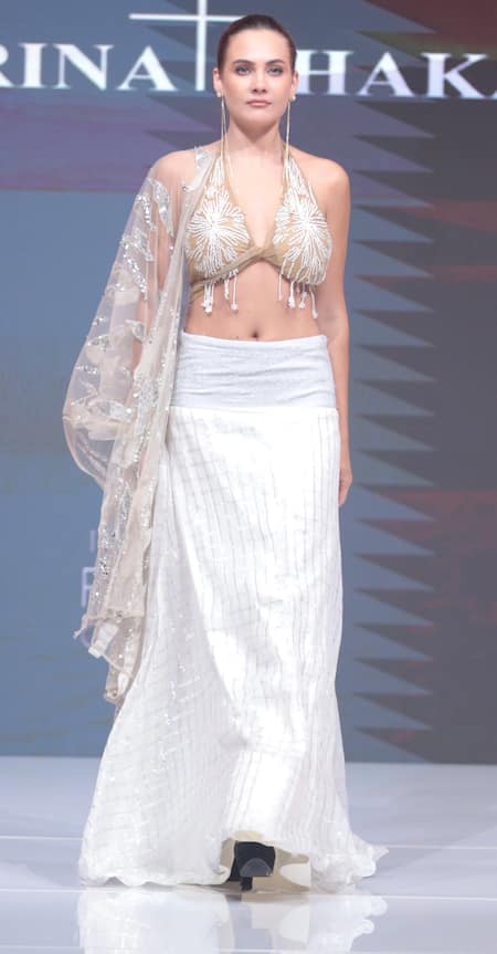 Shop_Rina Dhaka_White Georgette, Net Sequins, Embroidery Halter Neck And Gold Lehenga Set 