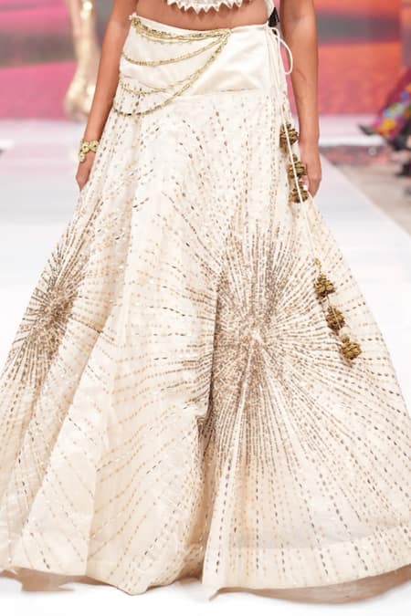Rina Dhaka_Cream Chanderi Sequins, Embroidery Halter Neck Lehenga And Blouse Set _Online_at_Aza_Fashions