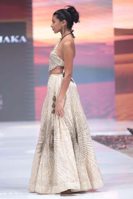 Buy_Rina Dhaka_Cream Chanderi Sequins, Embroidery Halter Neck Lehenga And Blouse Set _Online_at_Aza_Fashions