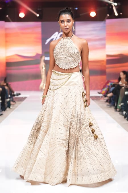 Rina Dhaka Cream Chanderi Embroidered Lehenga & Blouse Set 