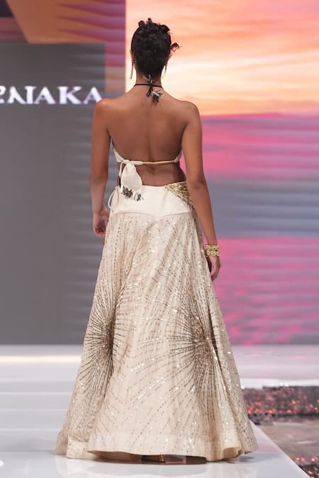 Rina Dhaka Cream Chanderi Embroidered Lehenga & Blouse Set 