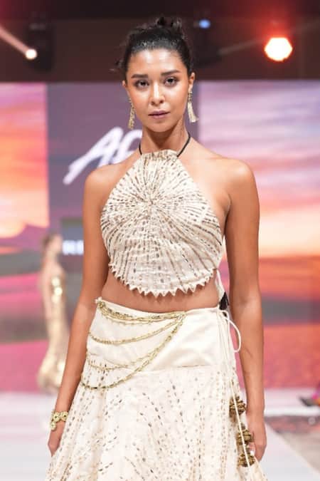 Shop_Rina Dhaka_Cream Chanderi Sequins, Embroidery Halter Neck Lehenga And Blouse Set _Online_at_Aza_Fashions