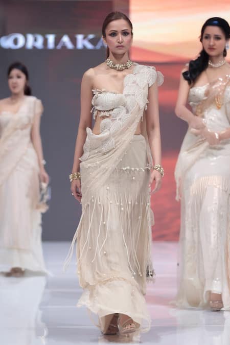 Rina Dhaka White Chiffon Embroidered Saree Set 