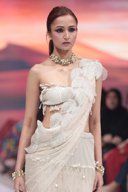 Shop Rina Dhaka White Chiffon Pearls, Fringe Round Neck Embroidered Saree Set Online at Aza Fashions Shop_Rina Dhaka_White Chiffon Pearls, Fringe Round Neck Embroidered Saree Set _Online_at_Aza_Fashions