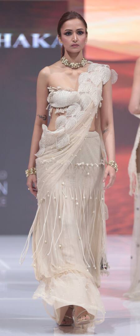 Rina Dhaka White Chiffon Pearls, Fringe Round Neck Embroidered Saree Set at Aza Fashions Rina Dhaka_White Chiffon Pearls, Fringe Round Neck Embroidered Saree Set _at_Aza_Fashions